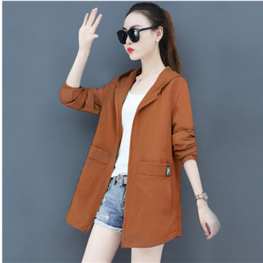 UHYTGF hooded plus size sun protection clothing women solid color wild thin coat Anti-UV breathable outdoor summer tops coat 815