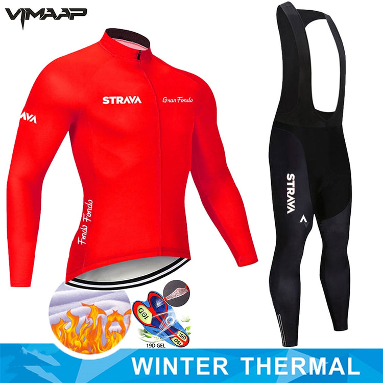 Warm 2021 STRAVA Winter Thermal Fleece Cycling Jersey Set Men&#39;s Outdoor Riding MTB Ropa Ciclismo Bib Pants Set Cycling Clothing