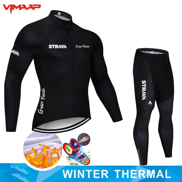 Warm 2021 STRAVA Winter Thermal Fleece Cycling Jersey Set Men&#39;s Outdoor Riding MTB Ropa Ciclismo Bib Pants Set Cycling Clothing