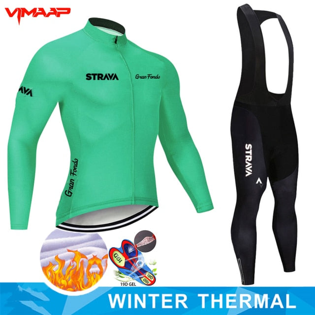 Warm 2021 STRAVA Winter Thermal Fleece Cycling Jersey Set Men&#39;s Outdoor Riding MTB Ropa Ciclismo Bib Pants Set Cycling Clothing