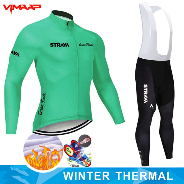 Warm 2021 STRAVA Winter Thermal Fleece Cycling Jersey Set Men&#39;s Outdoor Riding MTB Ropa Ciclismo Bib Pants Set Cycling Clothing