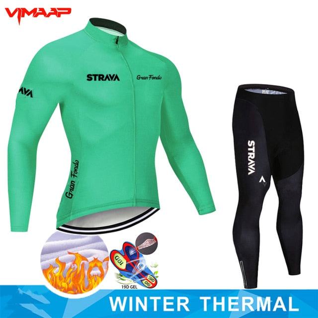 Warm 2021 STRAVA Winter Thermal Fleece Cycling Jersey Set Men&#39;s Outdoor Riding MTB Ropa Ciclismo Bib Pants Set Cycling Clothing