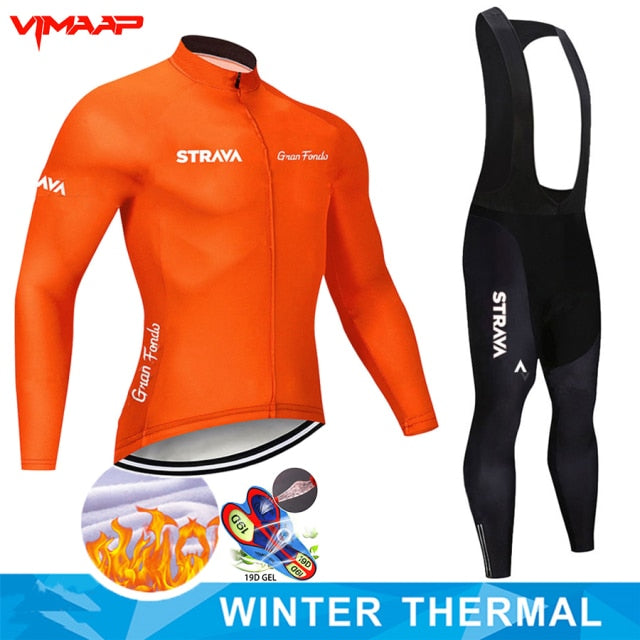 Warm 2021 STRAVA Winter Thermal Fleece Cycling Jersey Set Men&#39;s Outdoor Riding MTB Ropa Ciclismo Bib Pants Set Cycling Clothing