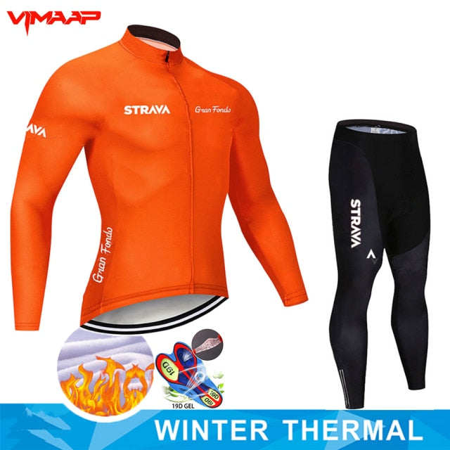 Warm 2021 STRAVA Winter Thermal Fleece Cycling Jersey Set Men&#39;s Outdoor Riding MTB Ropa Ciclismo Bib Pants Set Cycling Clothing