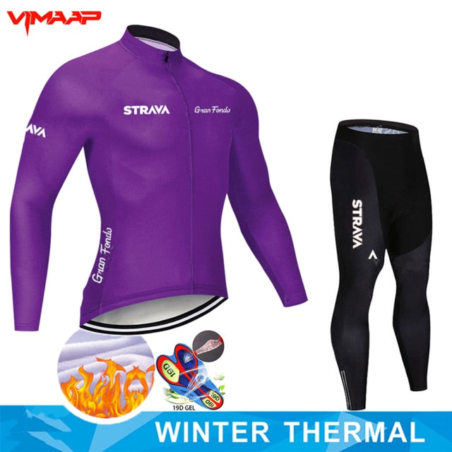 Warm 2021 STRAVA Winter Thermal Fleece Cycling Jersey Set Men&#39;s Outdoor Riding MTB Ropa Ciclismo Bib Pants Set Cycling Clothing