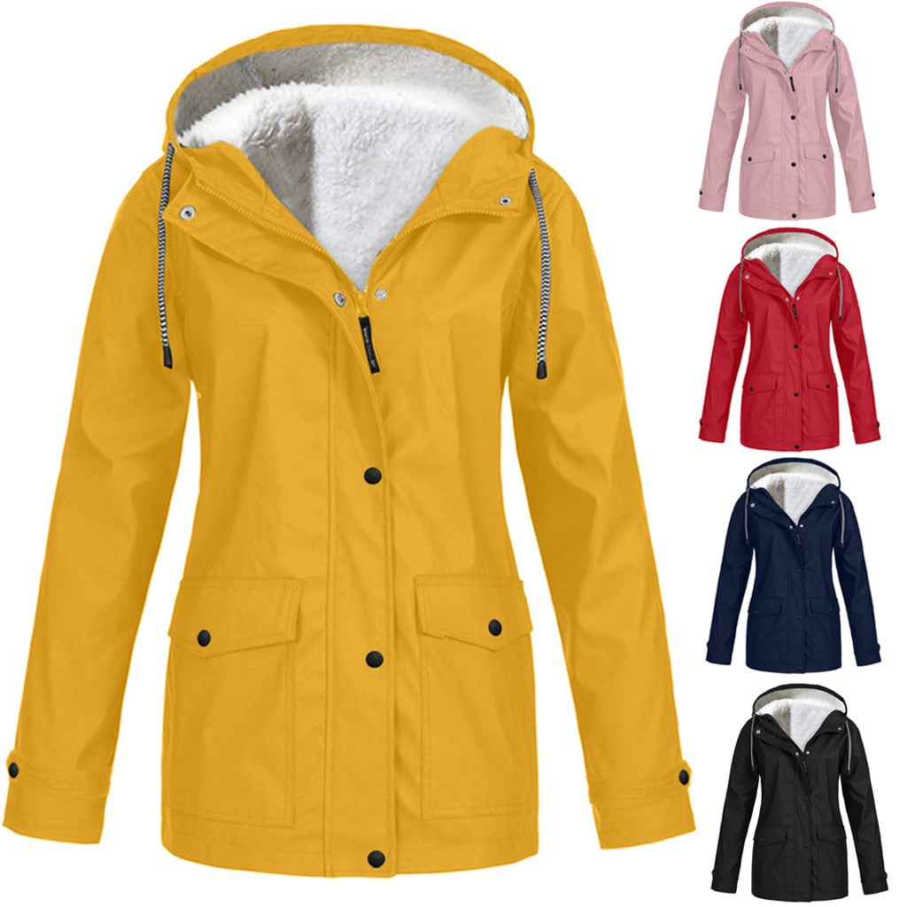 Women&#39;s Solid Rain Jacket 2021 Outdoor Hiking Hoodie Waterproof WindProof Long Coat Femme Warm Outwear Plus Size Women Clothing